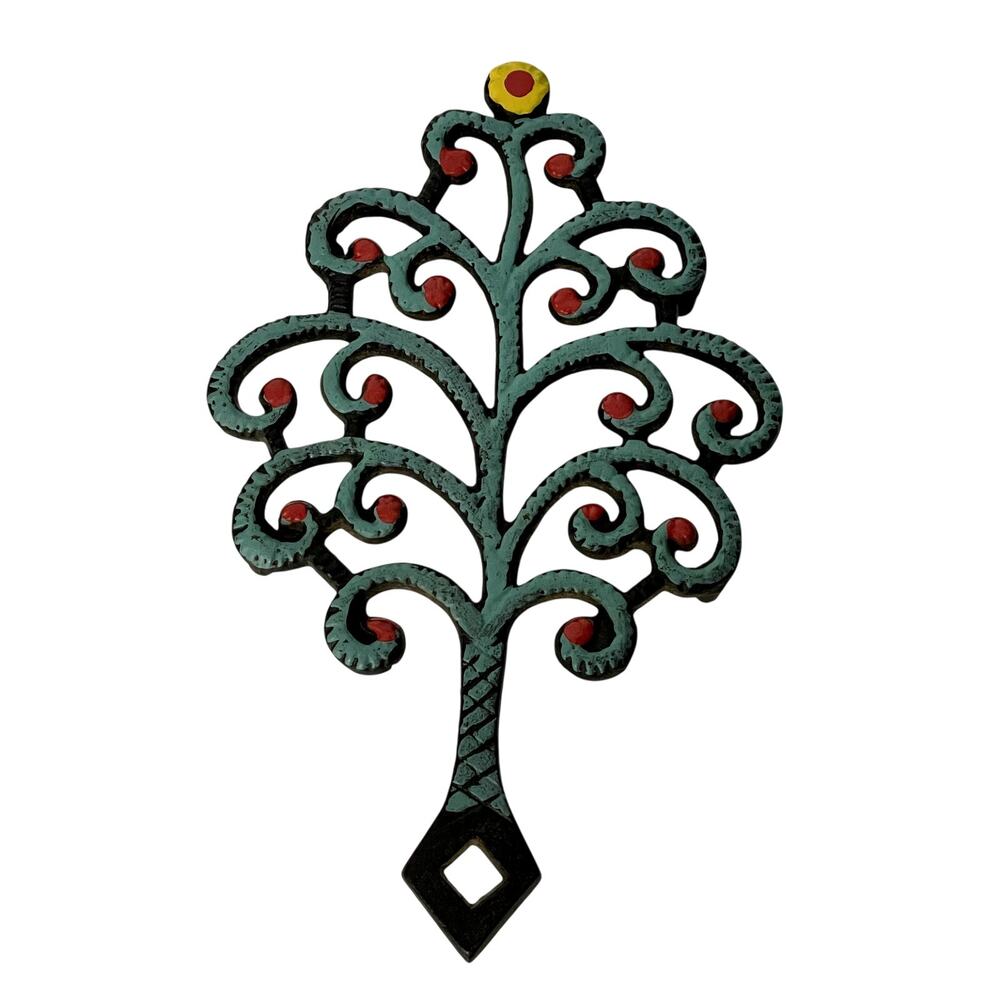 Vintage Cast Iron Family Tree Trivet John Wright Painted Mint Green Red Yellow